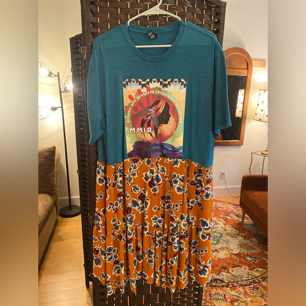 SOLD OOAK Upcycled MMIW Teal and Orange Graphic Floral Dress